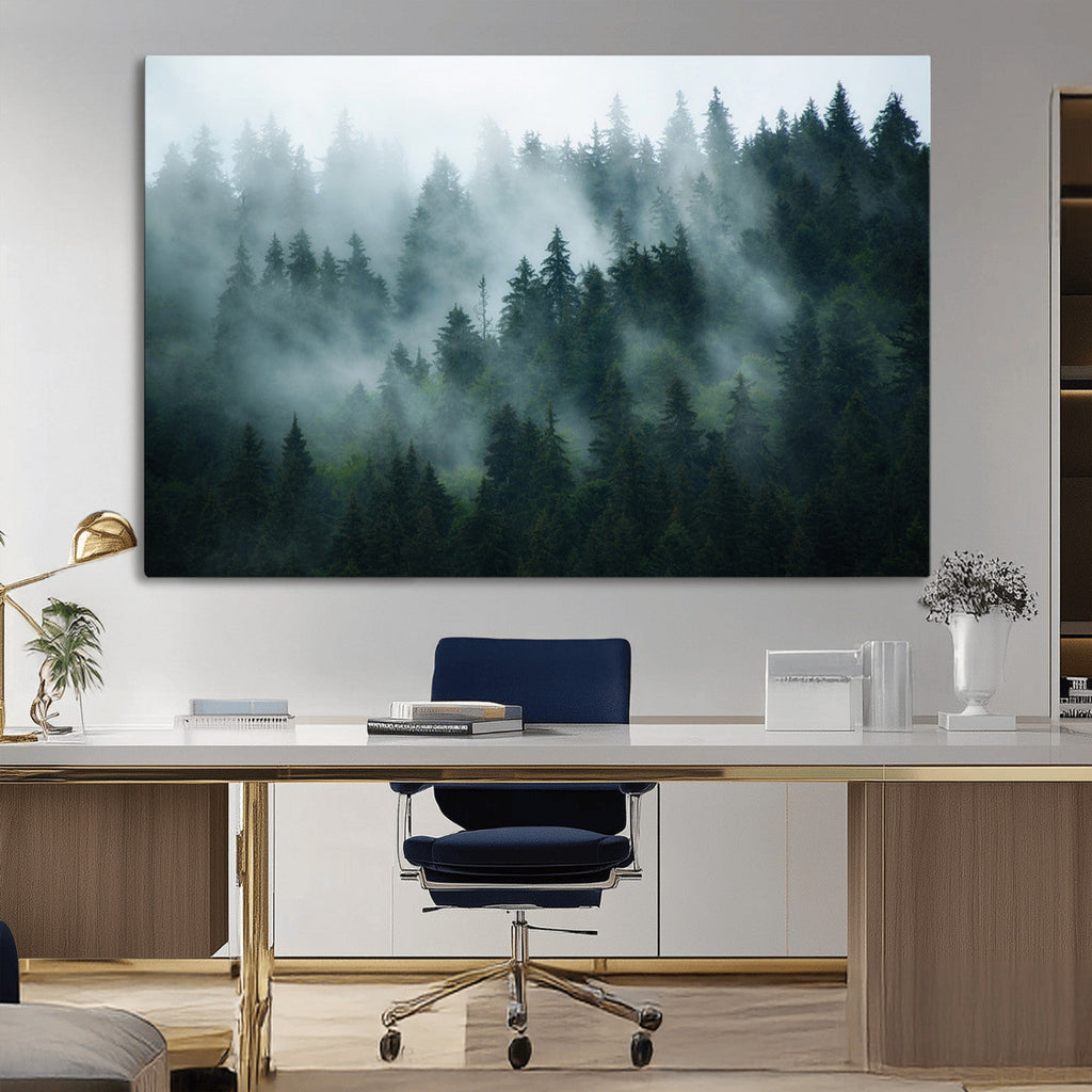 Misty Forest Wall Art | Serene Green Landscape Canvas Print
