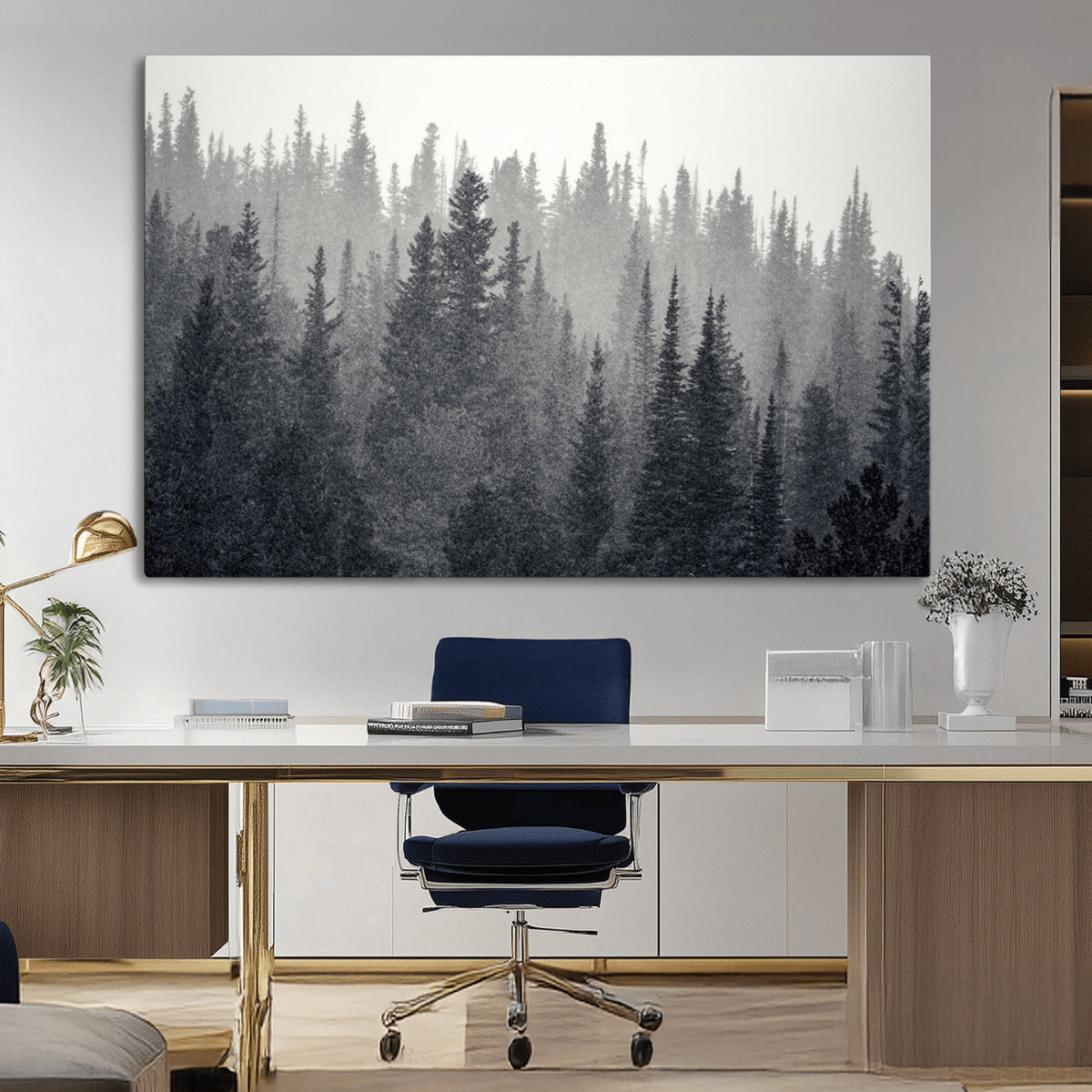 Misty Forest Canvas Wall Art | Monochrome Triptych Pine Tree Print