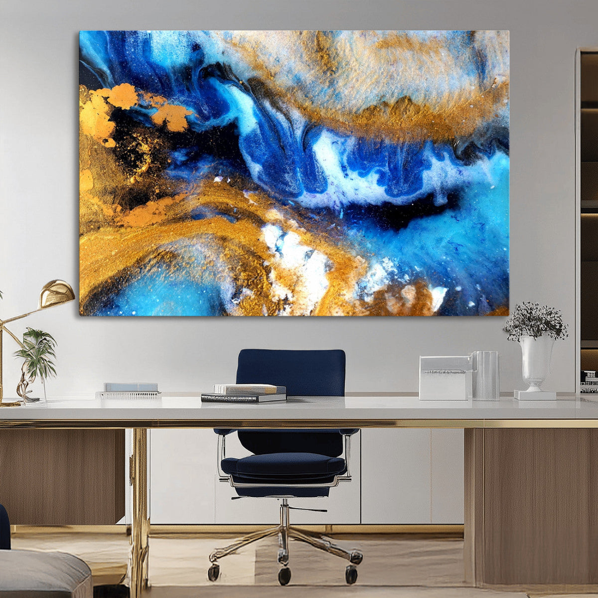 Blue Orange Marble Fluid Effect Canvas Wall Art Print