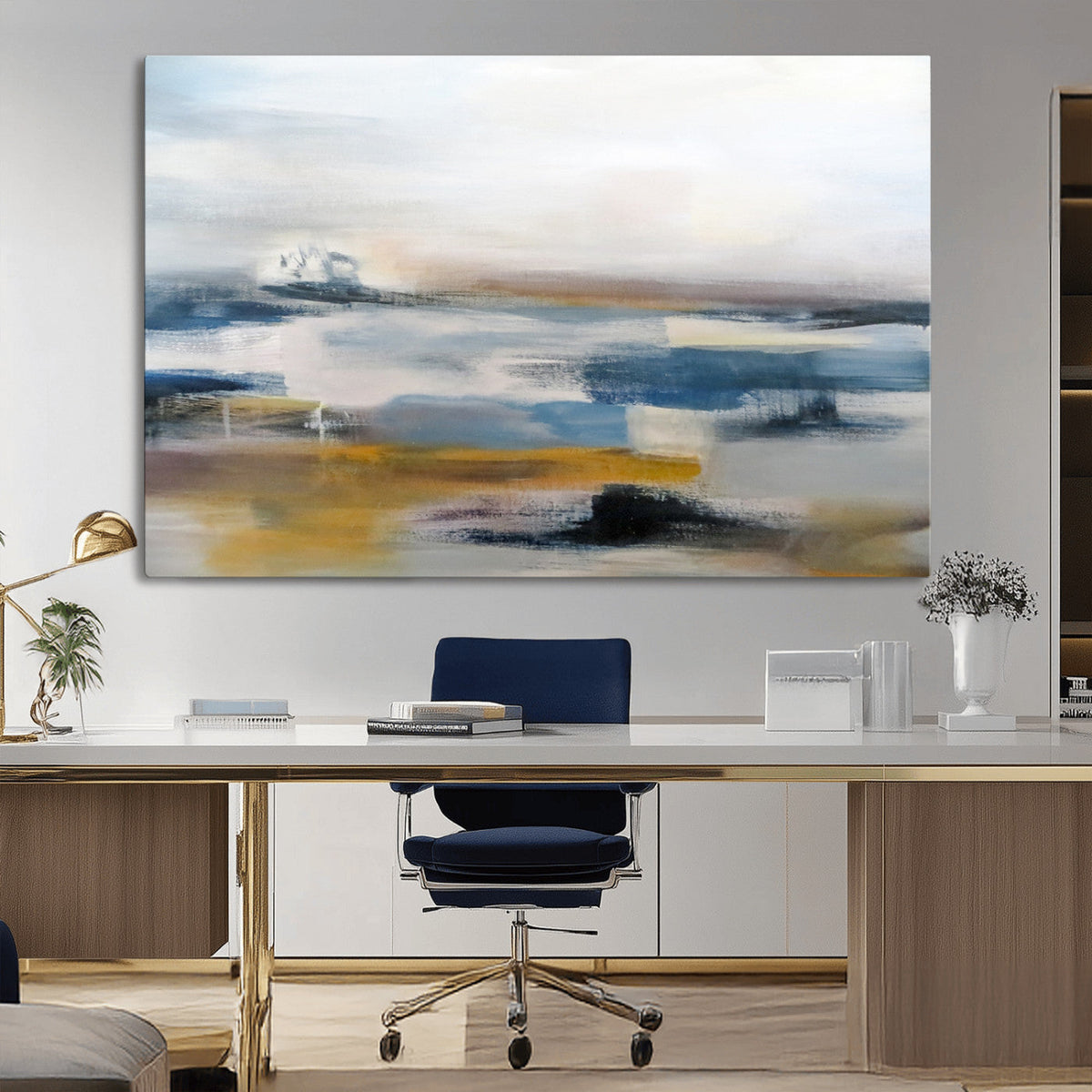Abstract Landscape Wall Art Canvas | 3 Panel Modern Blue, Gold and White Canvas Art