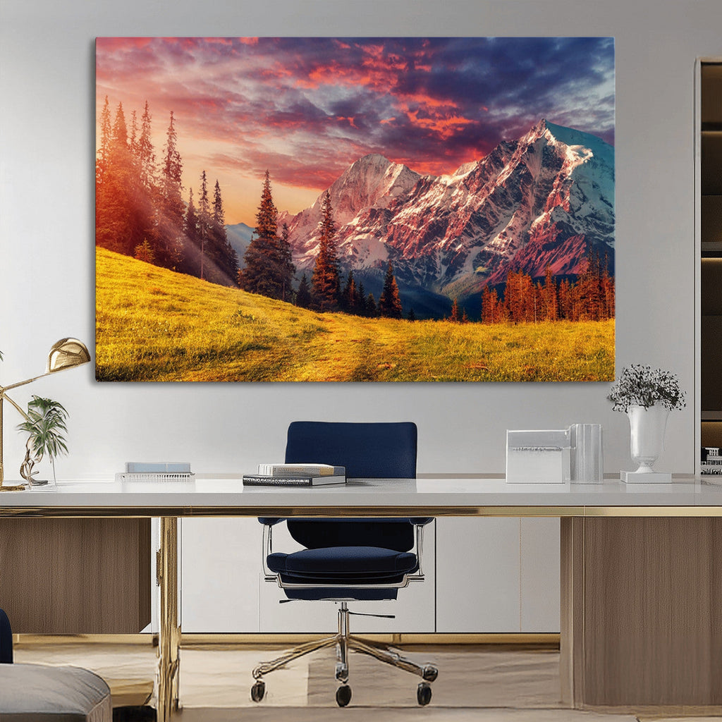 Mountain and Daylight Red Sunset Wall Art Canvas Print