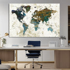 Vintage World Map Wall Art Canvas Print, Framed Rustic Earth Tone Map