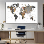 Modern Metallic World Map Canvas Wall Art | Framed Contemporary World Map Print