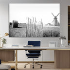 Vintage Farmhouse Black and White Triptych Wall Art, Giclee Canvas with Wheat Fields, Hay Bales and Windmill
