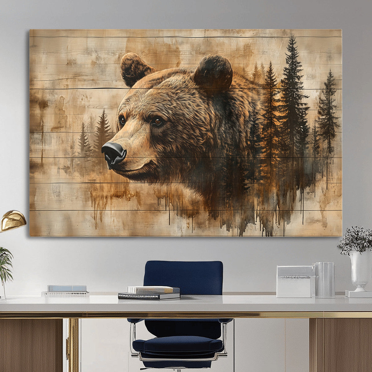 Rustic Grizzly Bear Wall Art, Abstract Grizzly 399 Bear Canvas Print, Woodland Wildlife