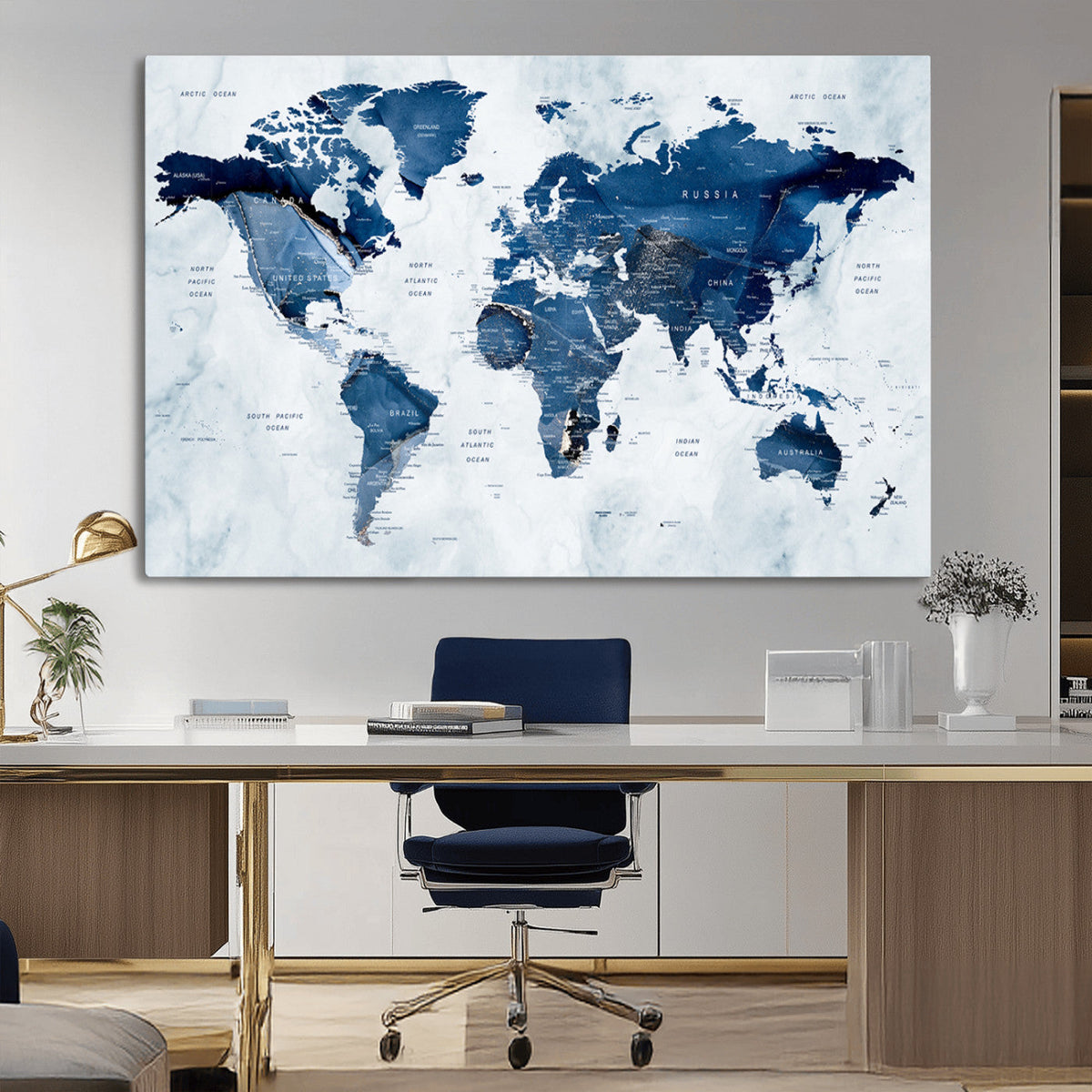 Modern Blue World Map Canvas Print | Elegant Travel Map Wall Art for Home Office