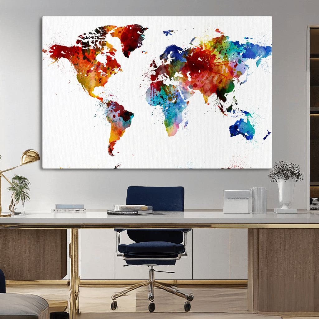 Colorful World Map Canvas Wall Art Print, Contemporary Global Map Artwork