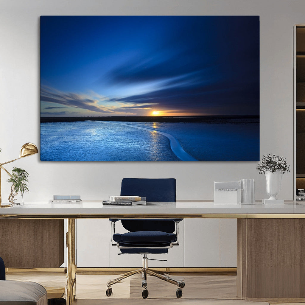 Blue Sunset Ocean Canvas Wall Art Print | Serene Coastal Horizon