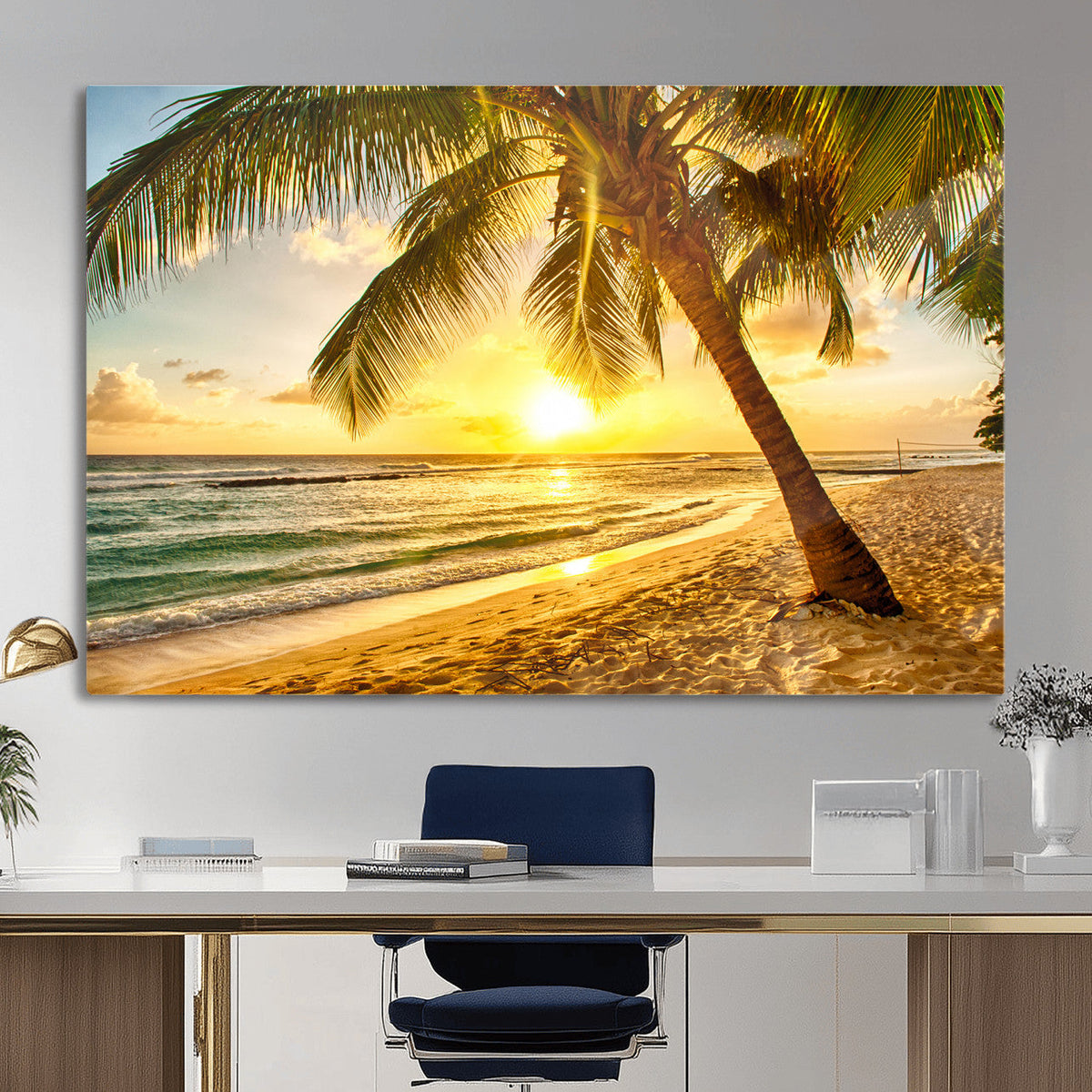 Beach Sunset Canvas Wall Art Print - Tropical Beach Canvas With Palm Trees
