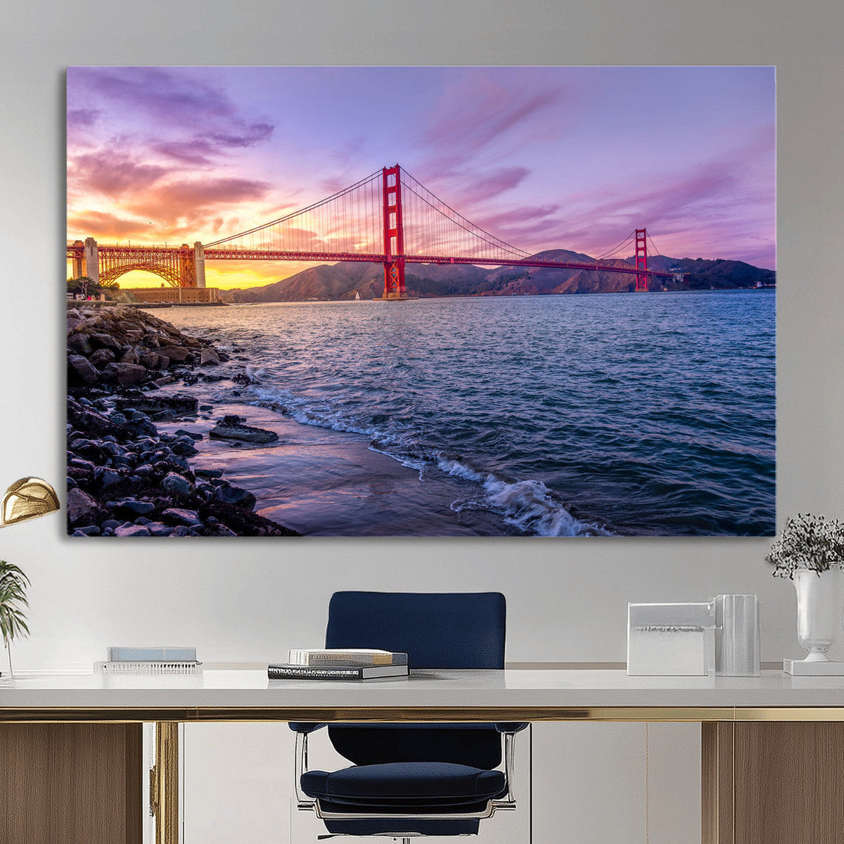 Golden Gate Bridge Wall Art Canvas Print, Framed San Francisco Sunset Landmark