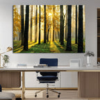 Sunlit Forest Wall Art Canvas Print, Large Framed Woodland Scene with Golden Light
