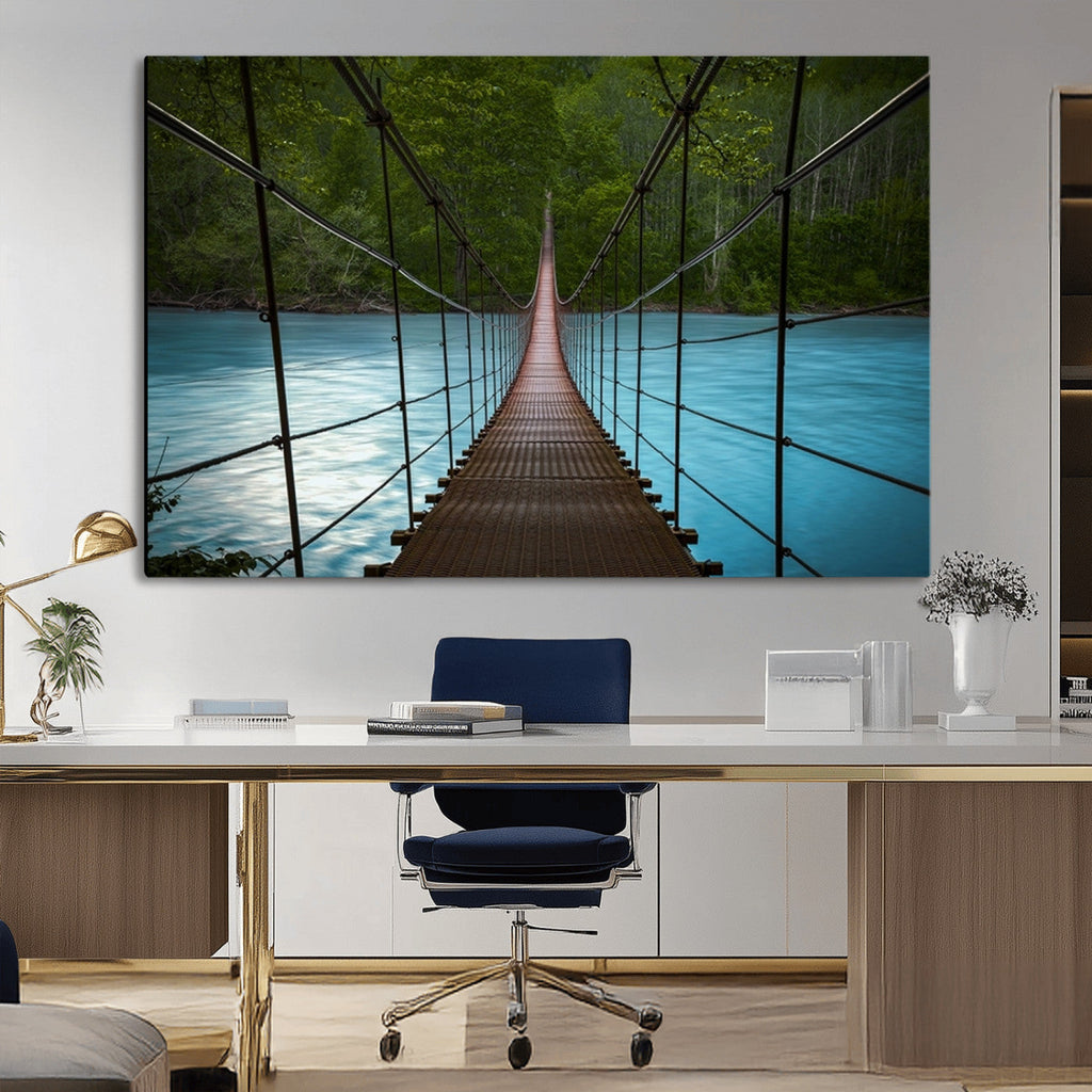 Suspension Bridge Over River Canvas Art | 3-Panel Nature Wall Art