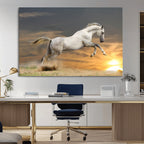 Large Wall Art Canvas Print, White Jumping Horse at Sunset