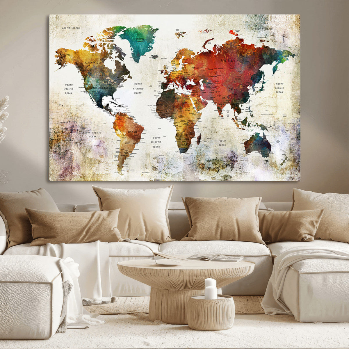 Watercolor World Map Canvas Print | Framed Travel Map Wall Art for Couples