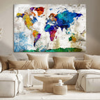 Navy Blue and Orange Watercolor World Map Canvas Print | Framed Travel Map