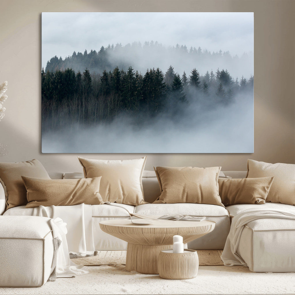 Autumn and Misty Trees in the Forest Wall Art Canvas Print, Foggy Forest Mountain Wall Art