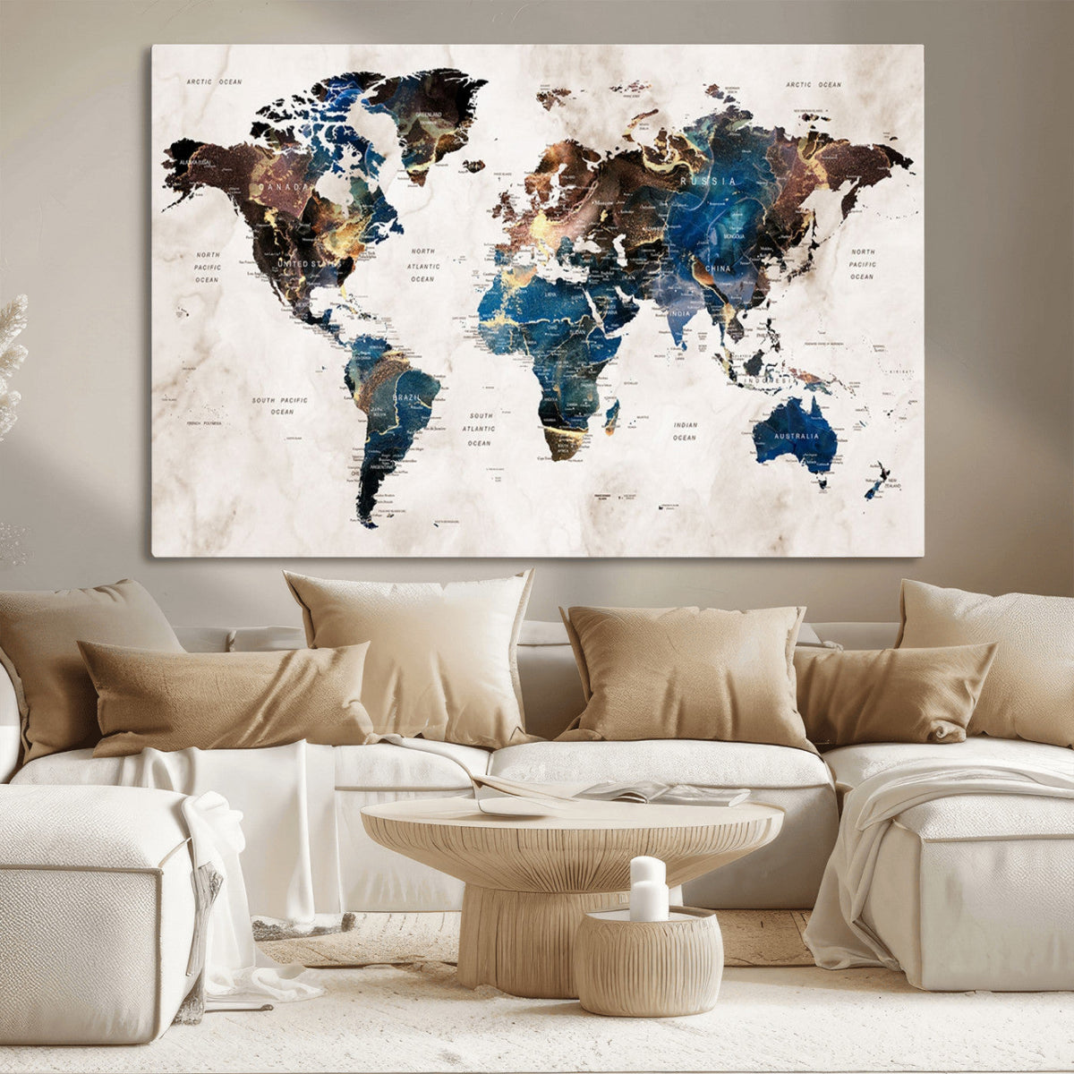 Abstract Earth Tone Blue World Map Canvas Print | Framed Travel Map Wall Art