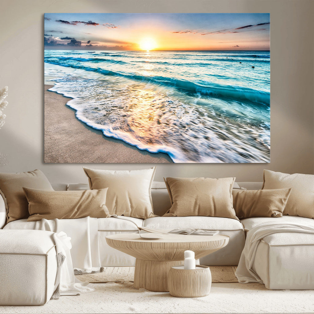 Sunset Beach Waves Canvas Wall Art | Ocean Sunset Coastal Print