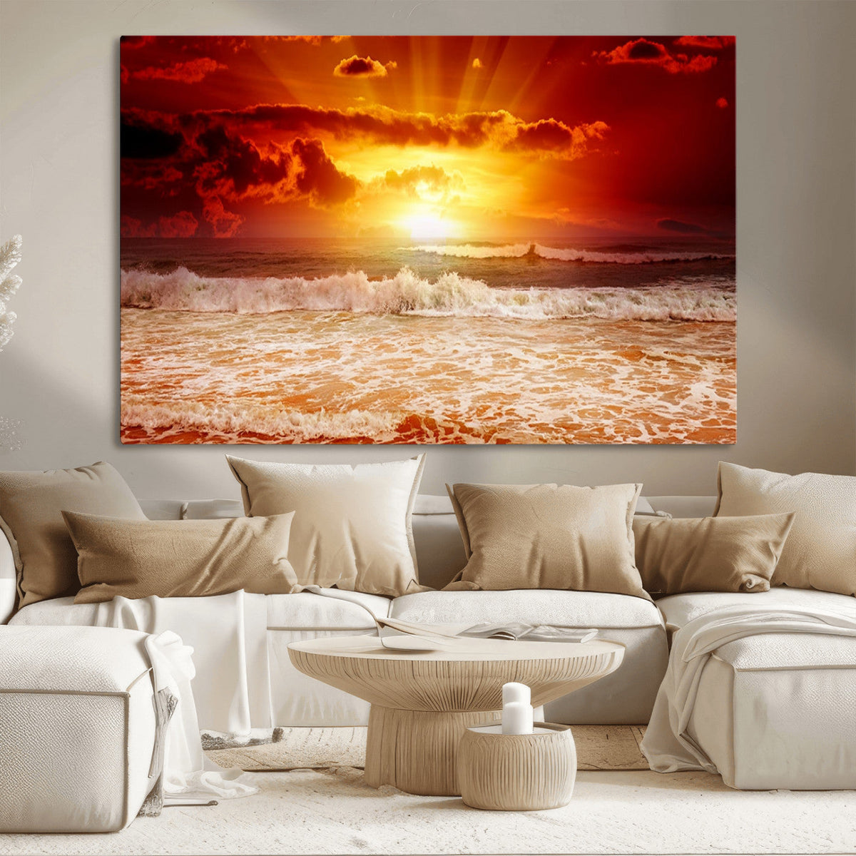 Red Sunset Ocean Beach Canvas Wall Art, Coastal Sunset Print