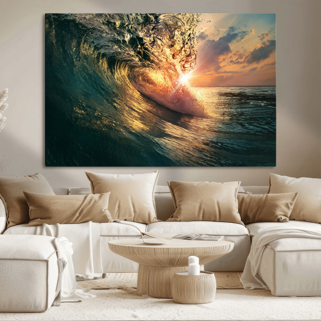 Ocean Wave Sunset Canvas Wall Art | Triptych Seascape Print