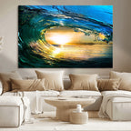Ocean Wave at Sunset Canvas Art, Large Wall Print of Vibrant Surfing Wave