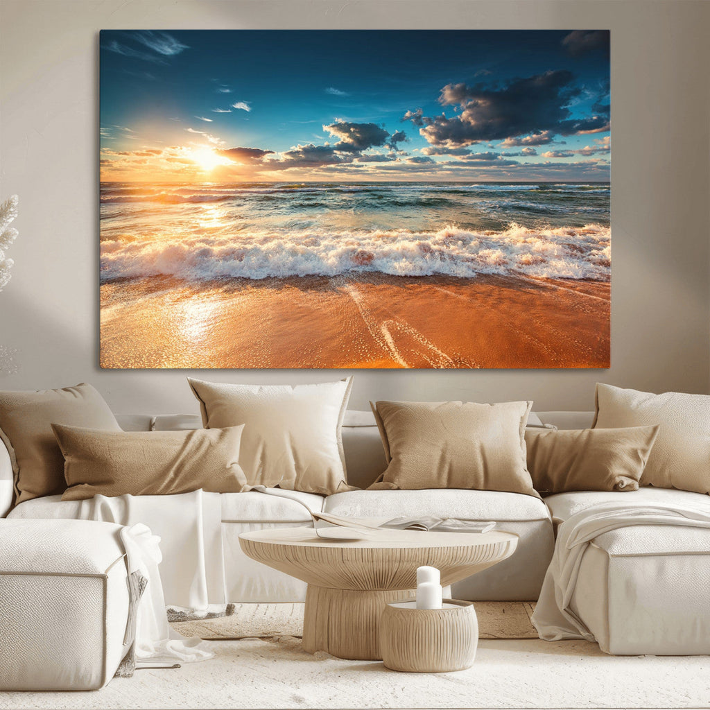 Golden Sunset Beach Triptych Canvas Art, Giclee Coastal Wall Decor, Ocean Waves Print