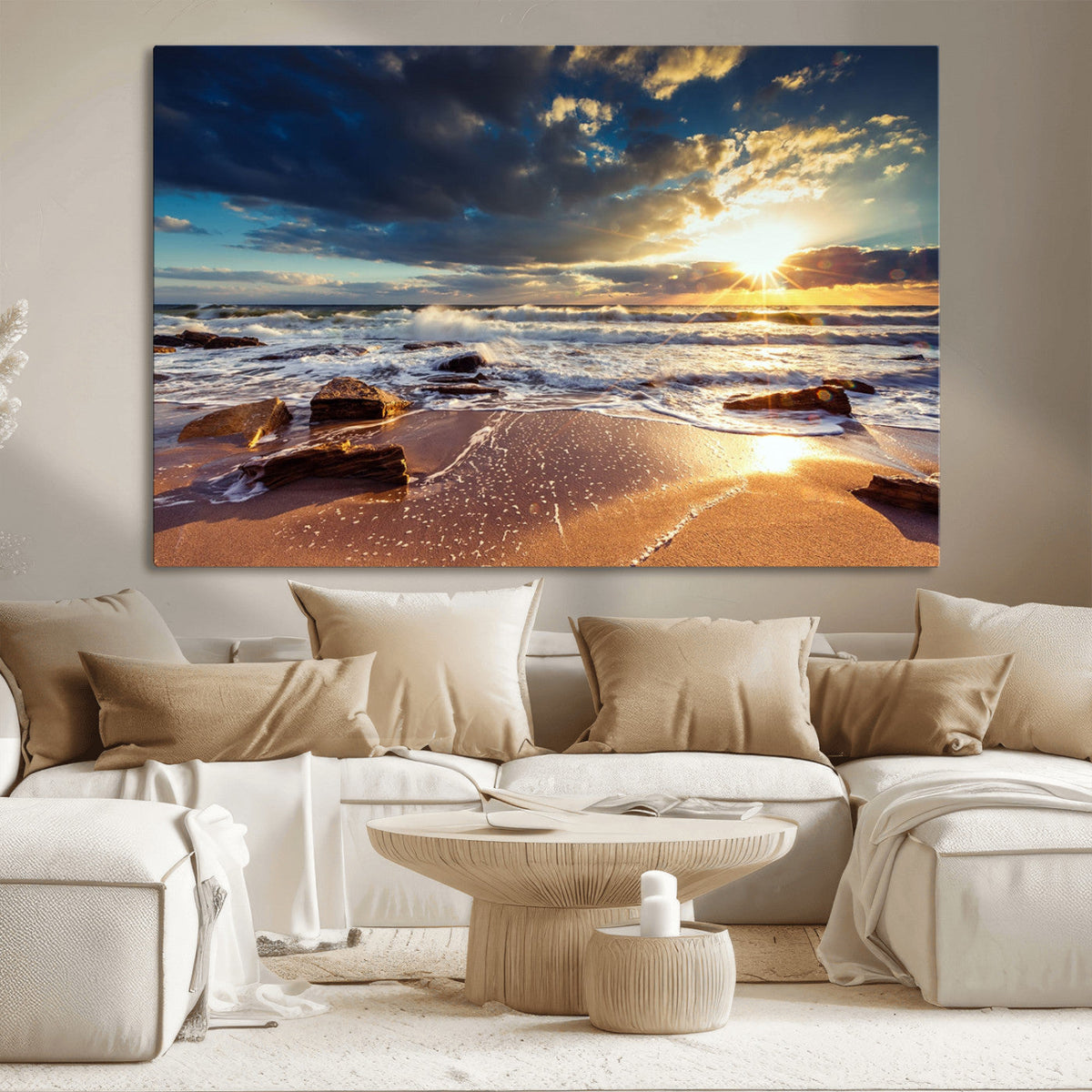 Golden Hour Beach Sunset Canvas Triptych, Ocean Waves and Rocks Wall Art