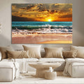 Golden Sunset Beach Canvas Wall Art | Triptych Seascape Print, Framed and Ready to Hang