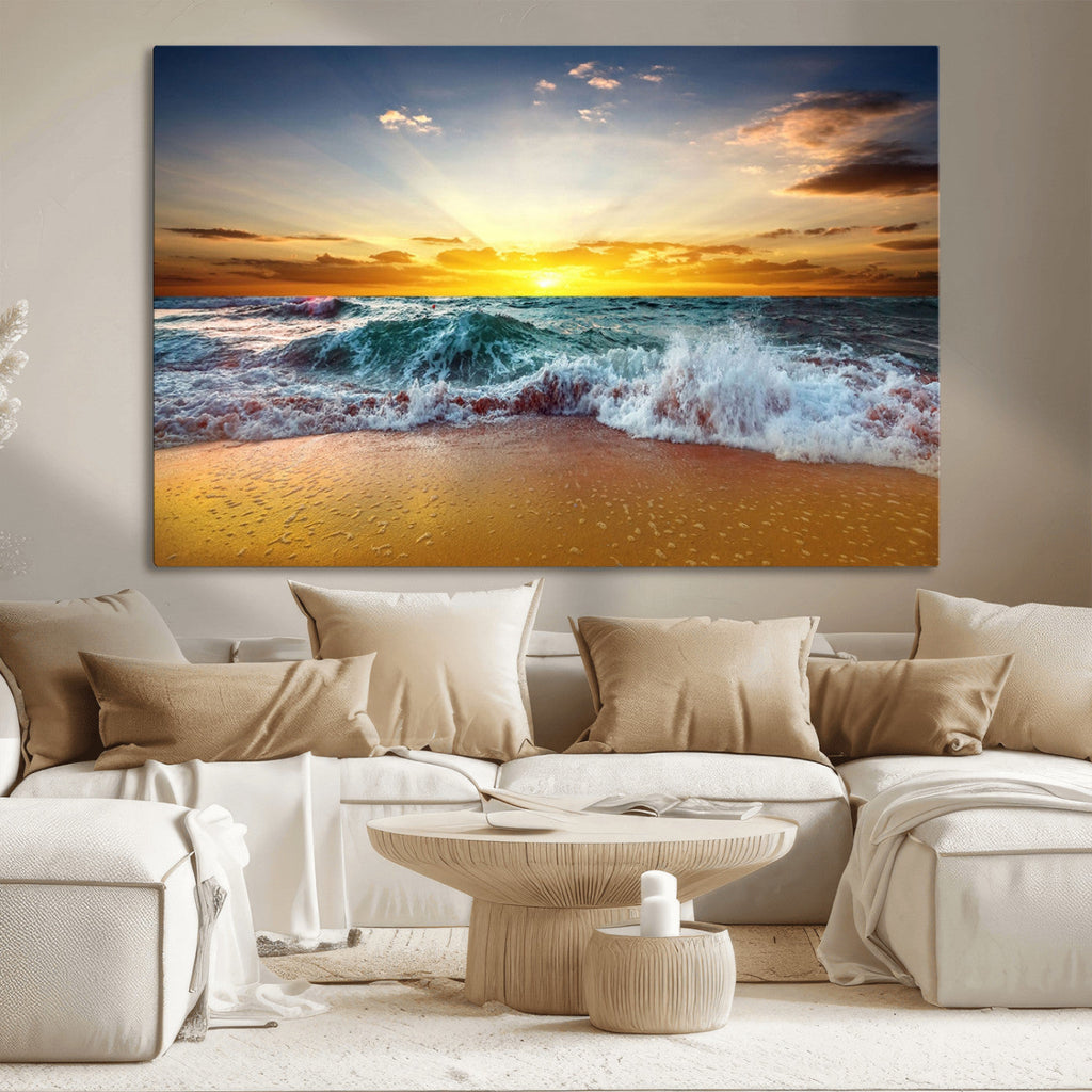 Golden Sunset Ocean Waves Wall Art Canvas Print | Multi Panel Beach Canvas Set, Coastal Triptych