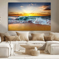Golden Sunset Ocean Waves Wall Art Canvas Print | Multi Panel Beach Canvas Set, Coastal Triptych