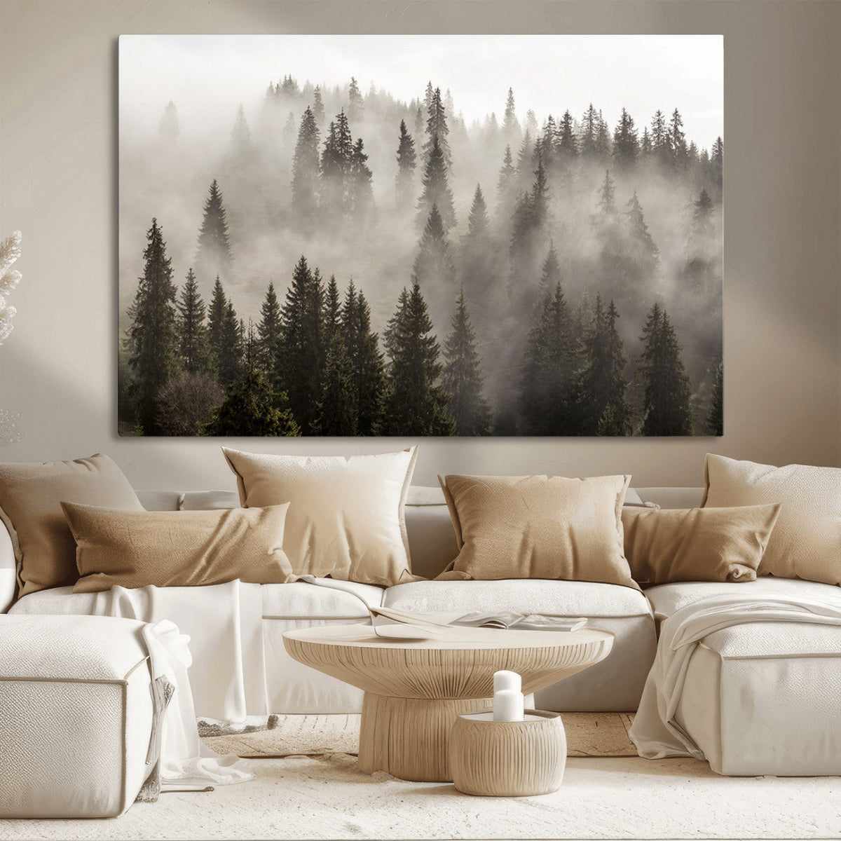Foggy Mountain Wall Art | 3-Panel Foggy Forest and Mountain Landscape Canvas Print