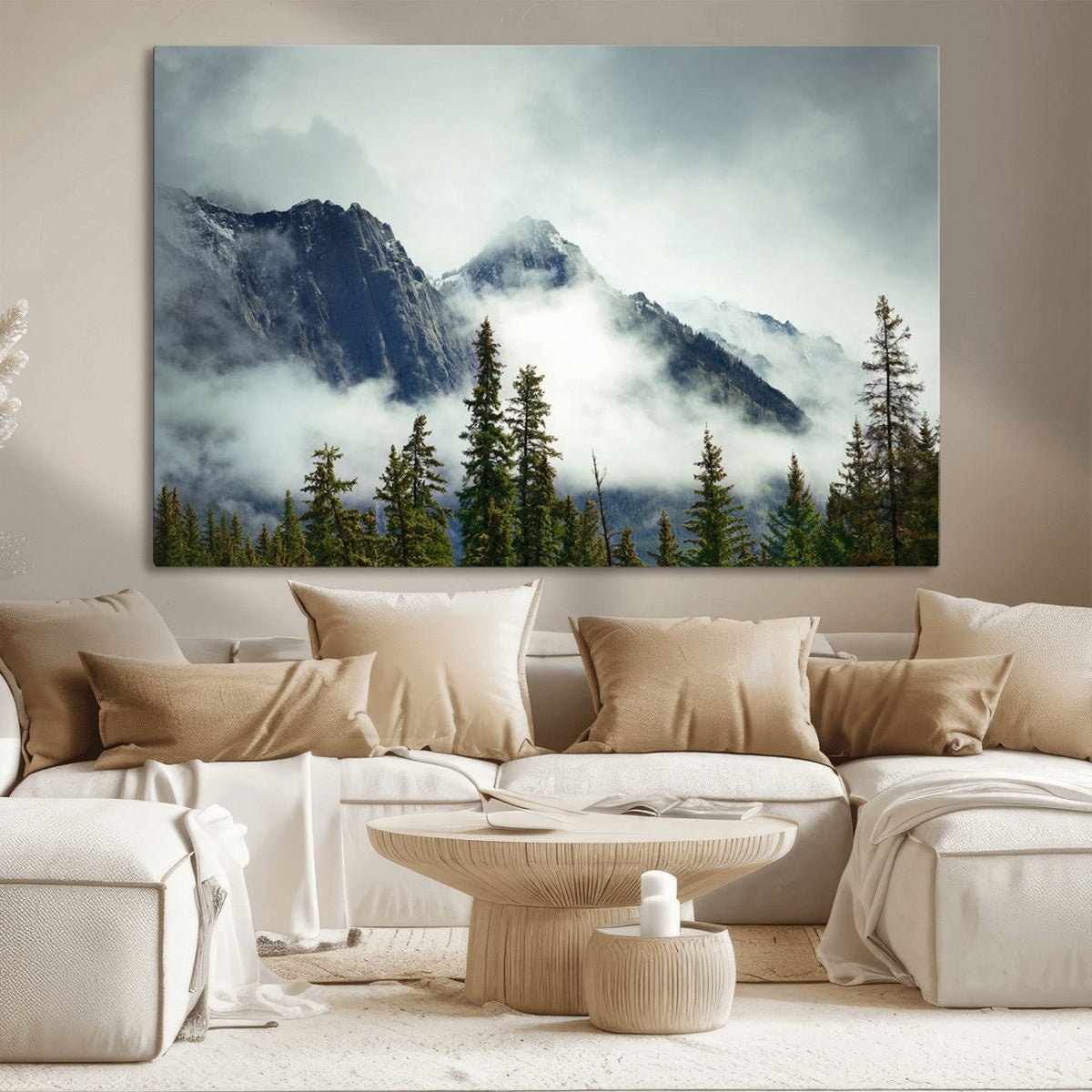 Mountain Mist Canvas Wall Art Print | 3-Panel Foggy Forest and Mountain Landscape