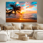 Palm Tree Sunset On The Beach Wall Art Canvas, Framed Palm Tree Sunset Canvas Print