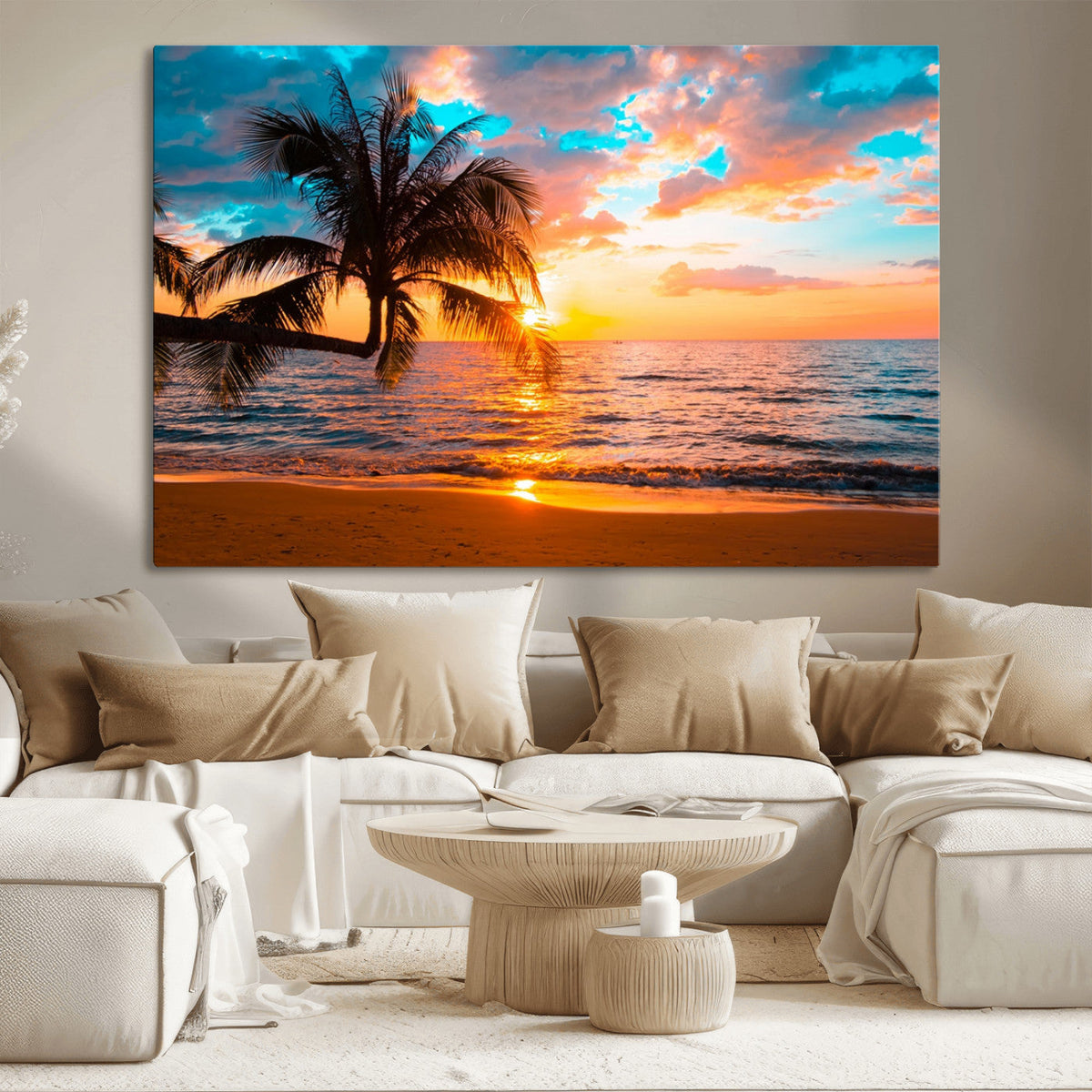 Palm Tree Sunset On The Beach Wall Art Canvas, Framed Palm Tree Sunset Canvas Print