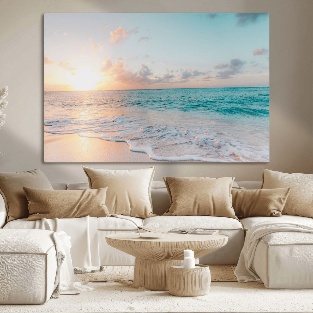 Tranquil Ocean Beach Sunset Canvas Wall Art | 3-Panel Coastal Decor