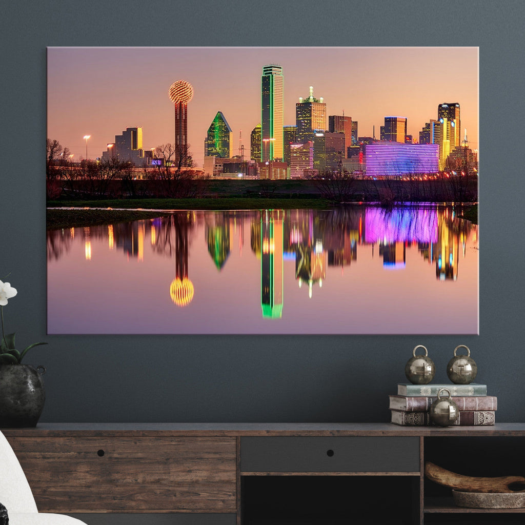 Colorful Dallas City Lights Night Skyline Wall Art Print