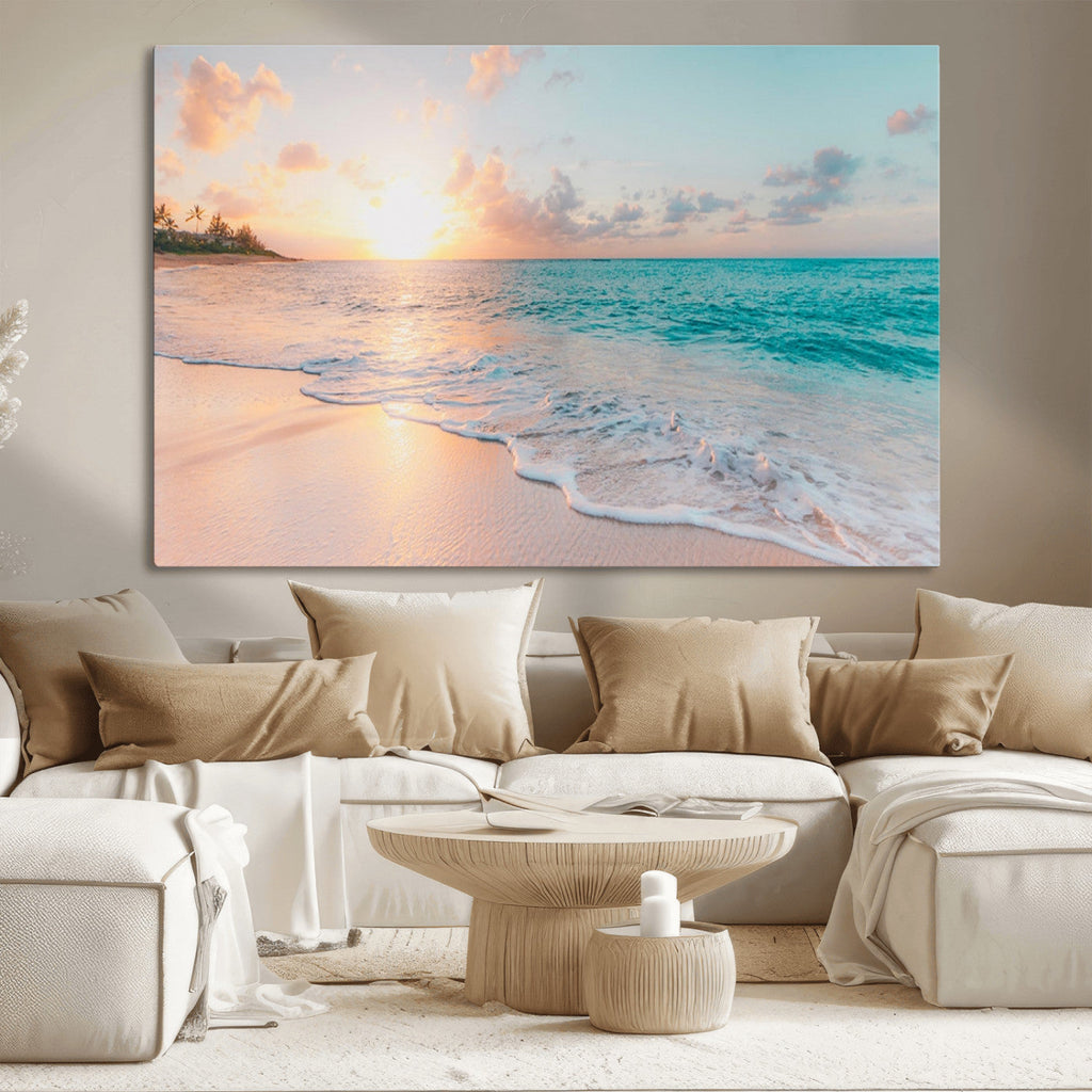 Beach Sunrise Wall Art, Coastal Seascape Canvas Print, Ocean Wave Wall Decor