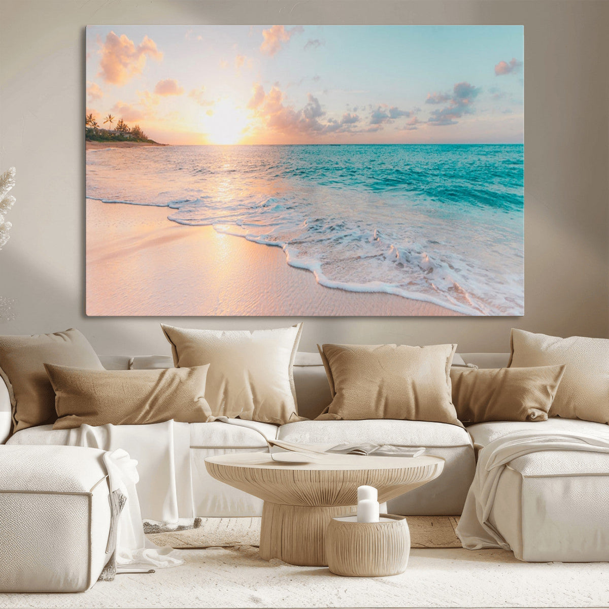 Beach Sunrise Wall Art, Coastal Seascape Canvas Print, Ocean Wave Wall Decor