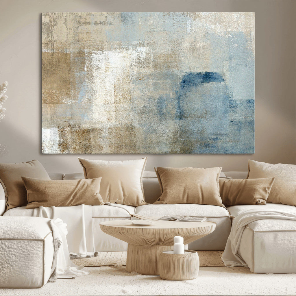 Abstract Blue and Beige Wall Art, Modern Minimalist Canvas Print Set