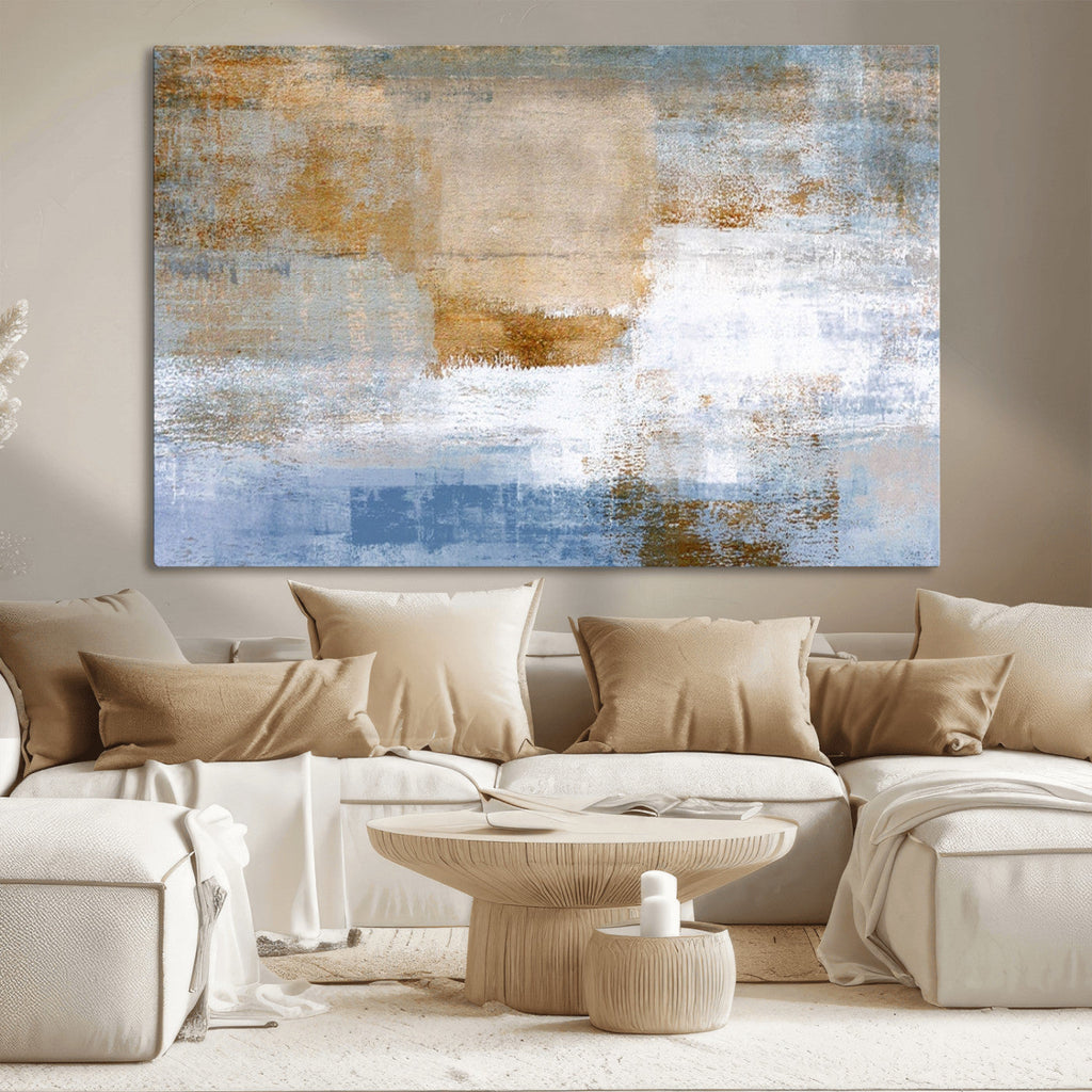 Blue Multi Panel Abstract Wall Art Canvas, Abstract Blue and Gold Canvas Print