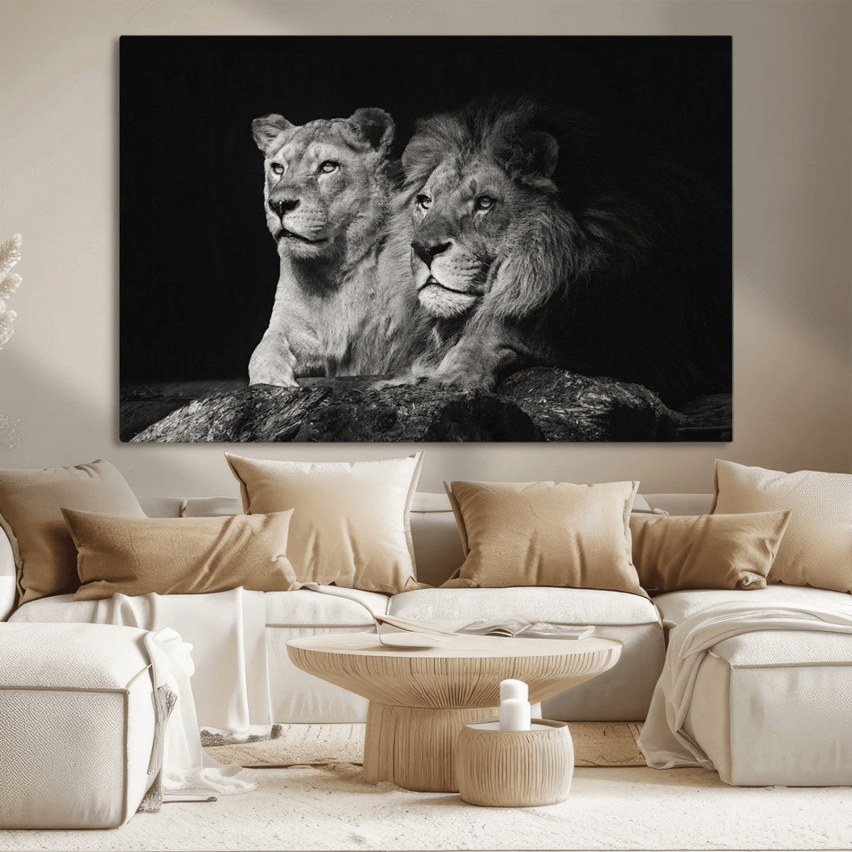 Lion Couple Wall Art Canvas Print, Elegant Black and White Wildlife Portrait