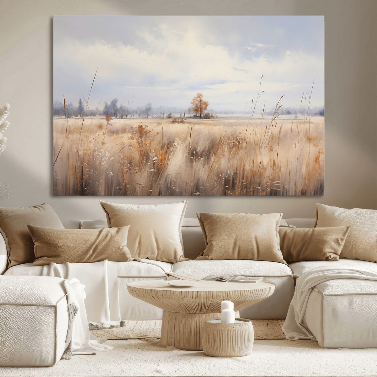 Golden Fields Wall Art Print Canvas | Serene Minimalist Landscape for Farmhouse Decor