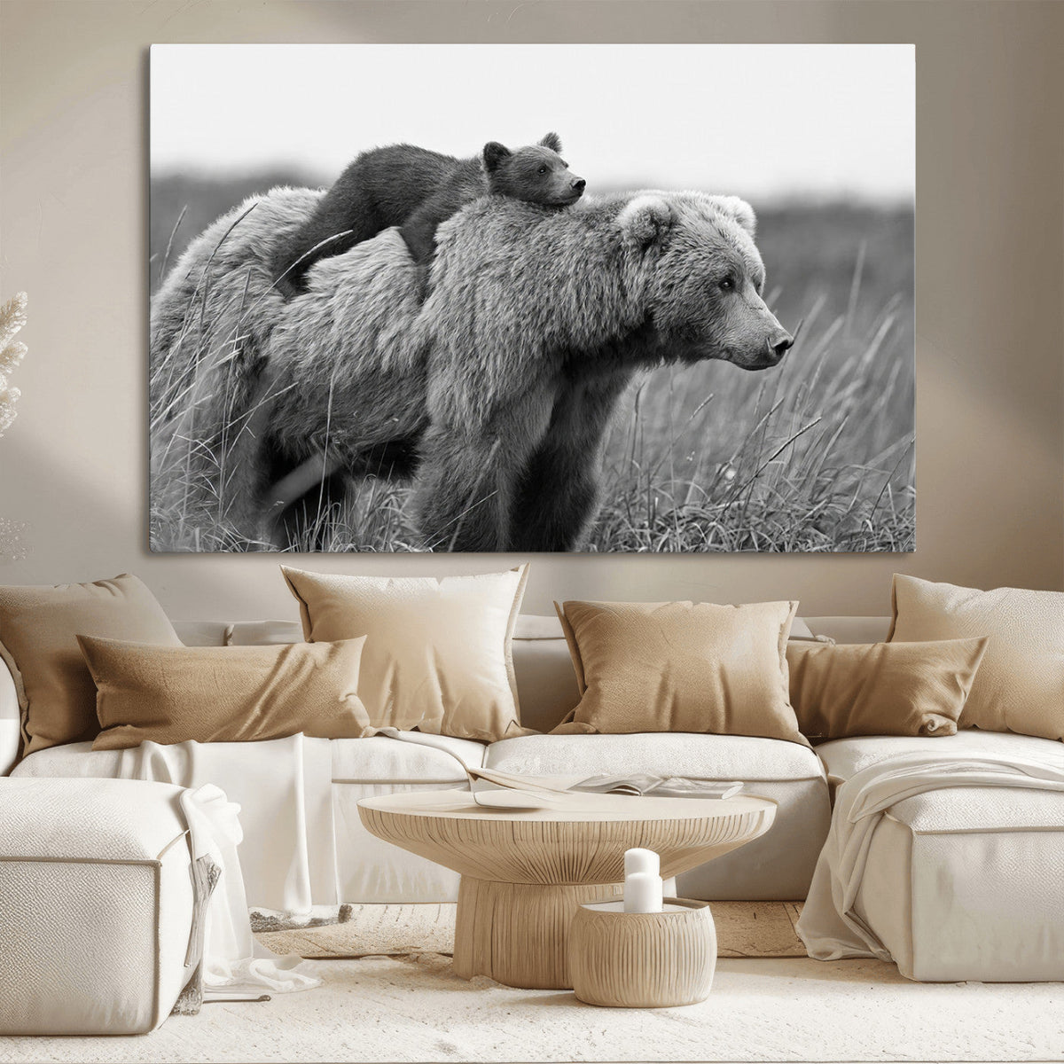 Bear and Cub Wall Art Canvas | Grizzly 399 Bear and Cub Black and White Wildlife Print