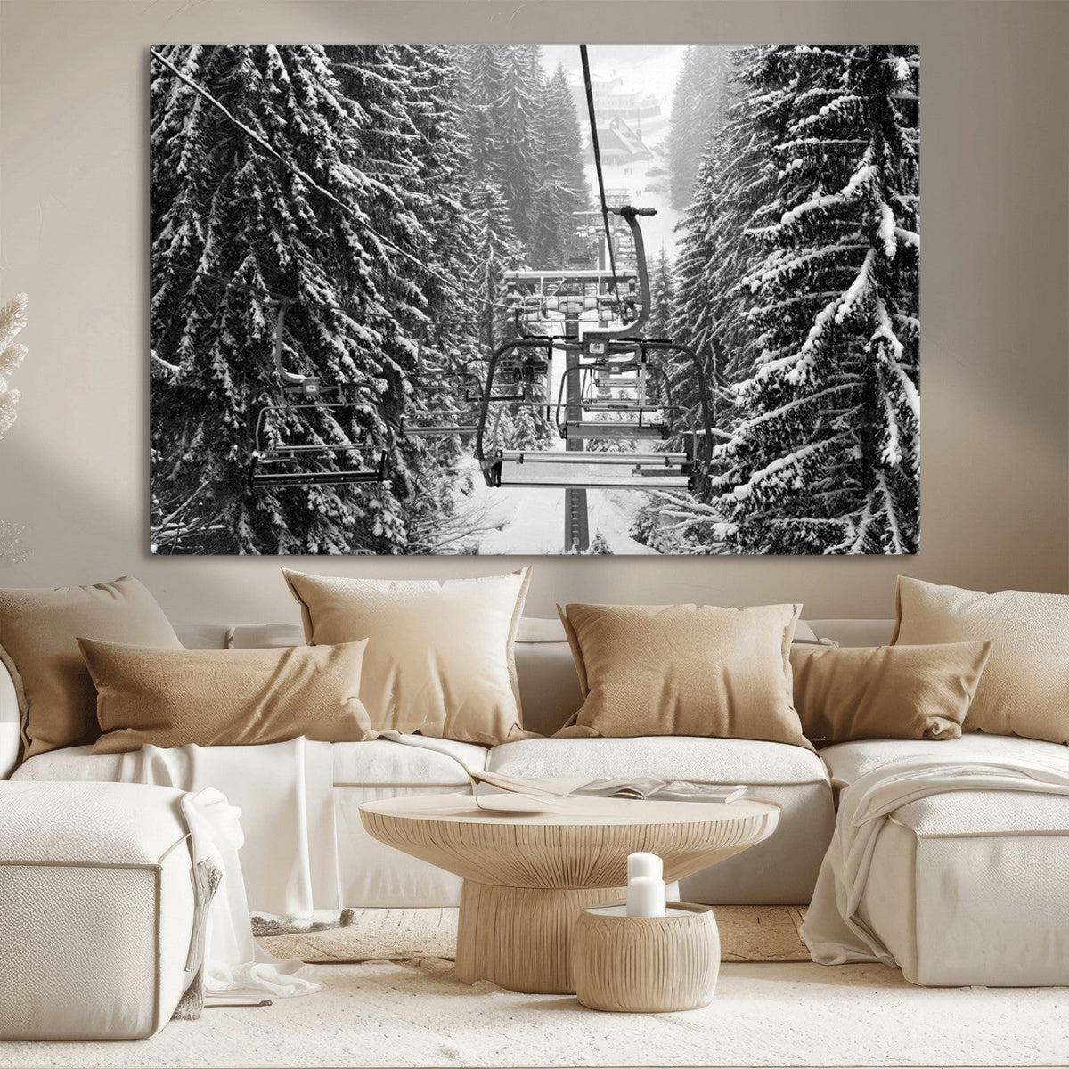 Winter Ski Lift Black and White Canvas Wall Art | Alpine Escape in Minimalist Style