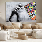 Banksy Art Behind the Curtain Street Wall Art Canvas Print | Urban Graffiti Style Wall Decor