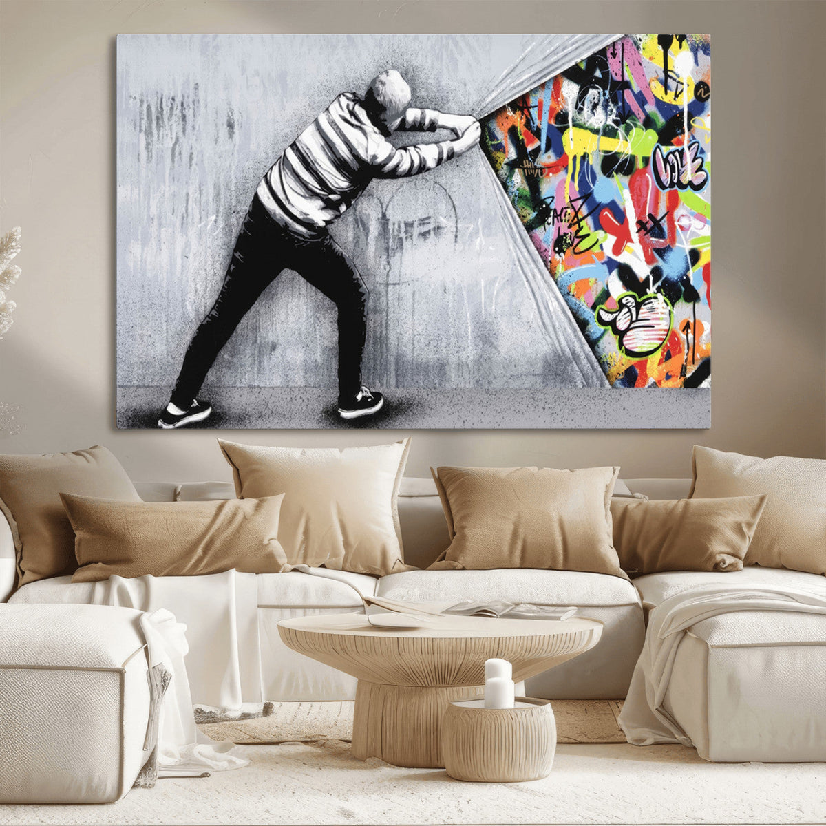 Banksy Art Behind the Curtain Street Wall Art Canvas Print | Urban Graffiti Style Wall Decor