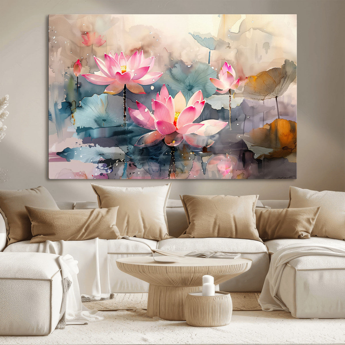 Lotus Flower Wall Art | 3 Panel Giclee Canvas Print of Pink Lotus Blossoms