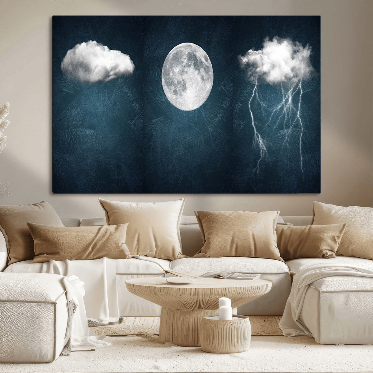 3 Piece Indigo Cloud Wall Art, Thunderstorm Moon Cloud Artwork