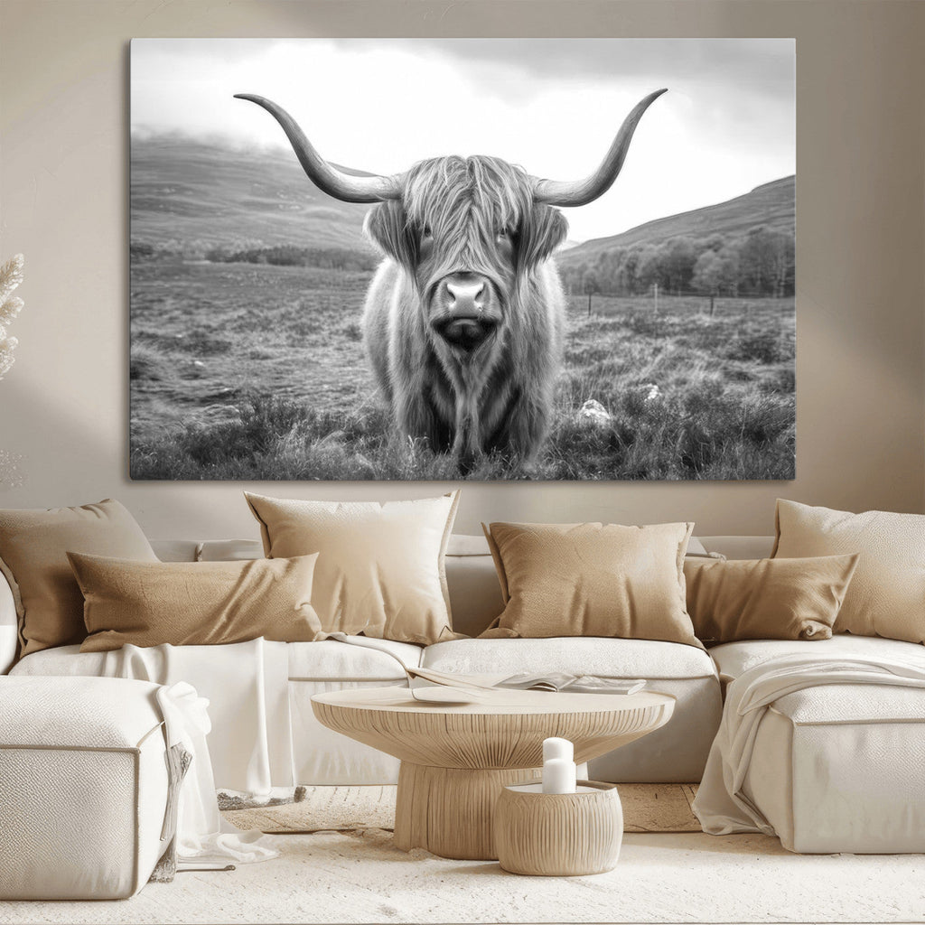 Black White Scottish Highland Cow Canvas Farm Wall Art