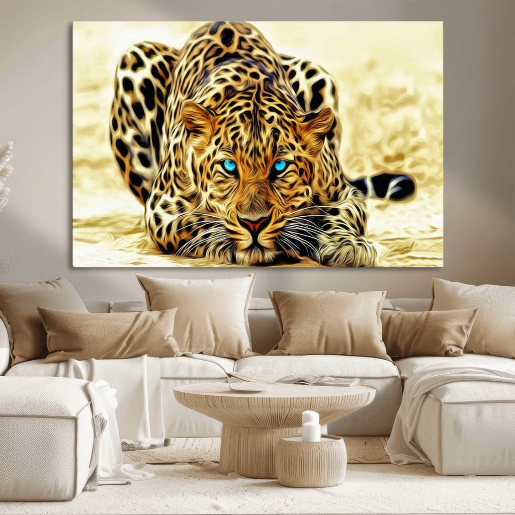 Blue-Eyed Leopard Canvas Wall Art, Framed Animal Print, Fierce and Bold Decor for Living Rooms